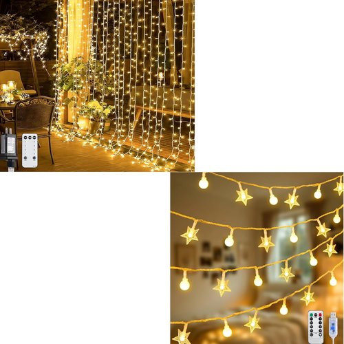 JMEXSUSS 300 LED Remote Control Curtain Lights - 100 LED Globe Star String Lights | Plug-In Design