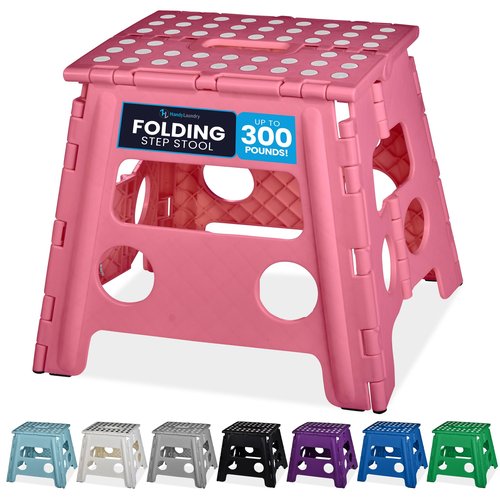 Handy Laundry Folding Lightweight Step Stool - Sturdy Enough to Support Adults and Safe Enough for Kids - Opens Easy with One Flip - Great for Kitchen, Bathroom or Bedroom (Pink - 13 inch)