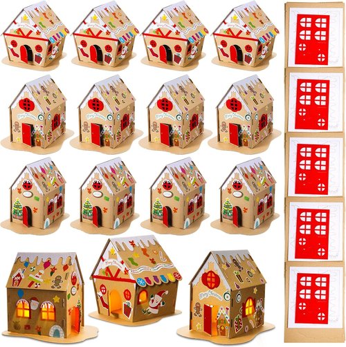 Hiboom Christmas Gingerbread House Kit - 15 Sets of Cardboard Decor for Holiday Crafts & DIY Fun