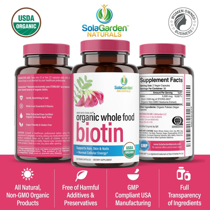 USDA Organic Whole Food Biotin Supplement, Made with Plant-Based Biotin from Sesbania Agati Trees, by SolaGarden Naturals, 60 Non-GMO Vegan Capsules, Supports Hair, Skin, and Nails, Made in USA
