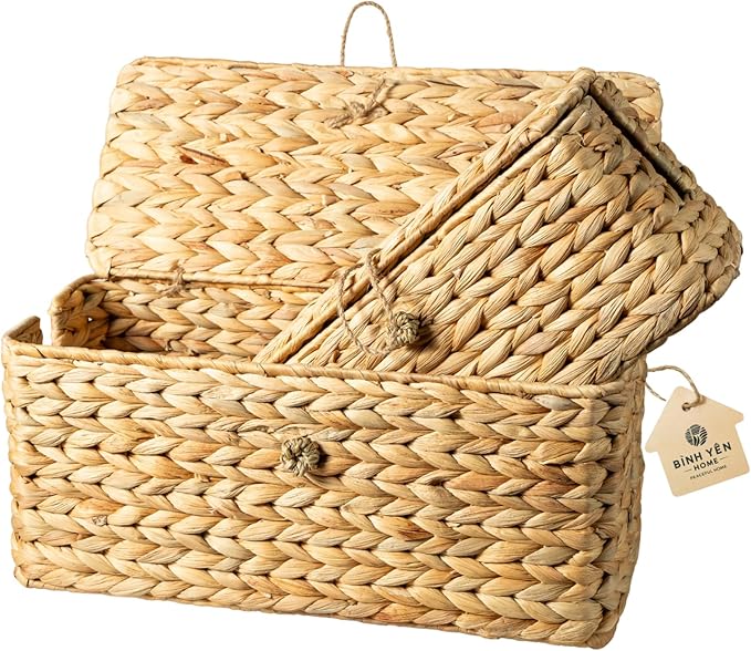 BINH YEN HOME Wicker Cable Management Box with Lid, Set of 2 Handwoven Water Hyacinth Cords Hider Boxes for TV, Computer, Router, USB Hub to Hide Cords & Power Strip for Desk, Floor, Office