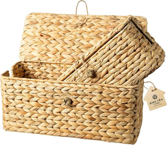 BINH YEN HOME Wicker Cable Management Box with Lid, Set of 2 Handwoven Water Hyacinth Cords Hider Boxes for TV, Computer, Router, USB Hub to Hide Cords & Power Strip for Desk, Floor, Office