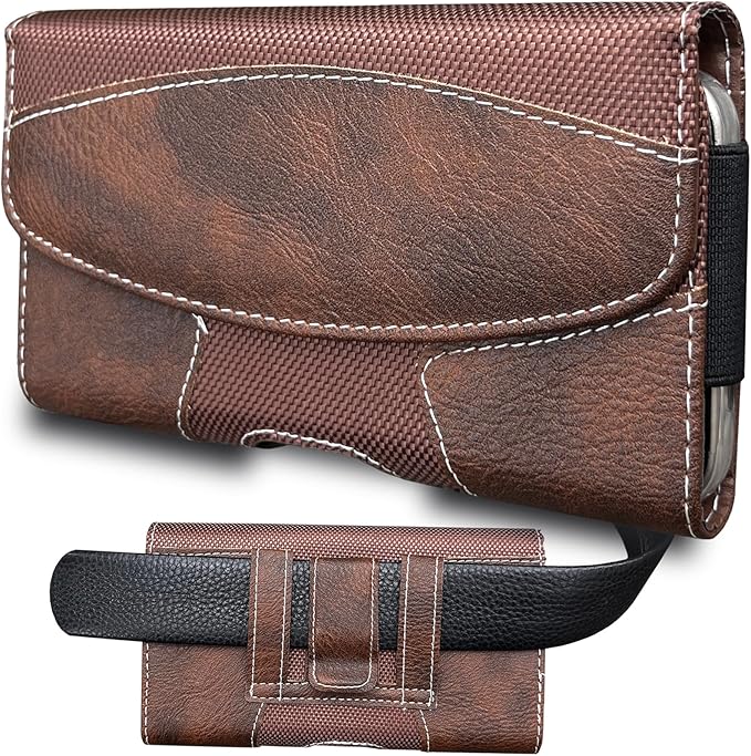 Maezar Leather Phone Holster for Men with Belt Clip, Cell Phone Holder for iPhone 17/16/15/14/13/12 Pro, Galaxy S24/S23/S21, Belt Pouch Case Magnetic Closure (Brown-L)