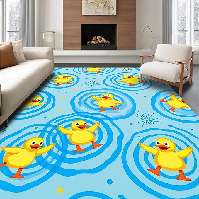 Flatwoven High Traffic Area Rug 6x9, Quirky Farmyard Dance with Splashing Pond Motif, Non Slip, Stain Resistant, Washable Area Rugs for Living Room, Bedroom (Yellow, 6x9)