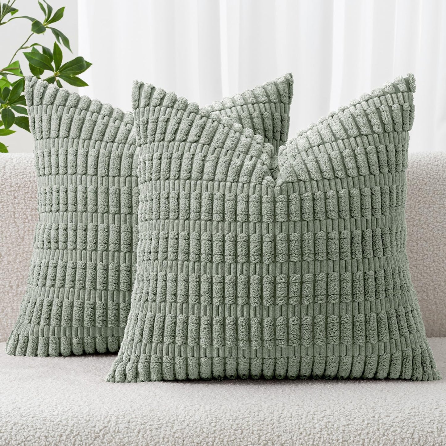 MIULEE Decorative Throw Pillow Covers - Soft Boho Striped Corduroy | Pack of 2, 12x12 Inch, Greyish Green