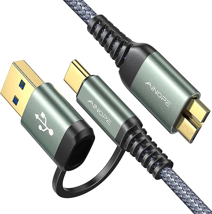 AINOPE 10Gbps Micro B to USB C, 1.5FT External Hard Drive Cable, Nylon Braided Hard Drive Cable, Compatible with MacBook Pro/Air, Tablet/iPad, WD Seagate Toshiba Westgate, Samsung Galaxy S25