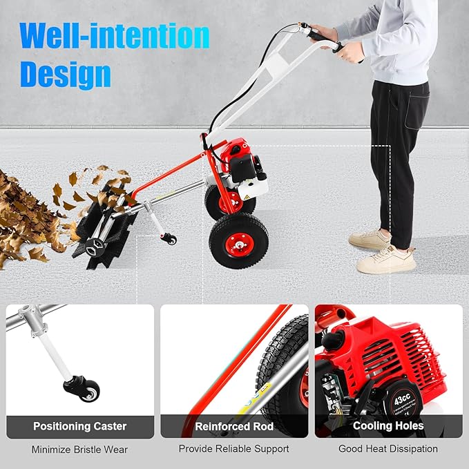 43CC 2-Stroke Gas Push Lawn Sweeper Broom, 1.7HP Gas Walk Behind Push Lawn Sweeper Handheld Walk Behind Snow Sweeper Broom Portable Driveway Turf Grass Cleaning Tool for Garden Yard Sidewalk