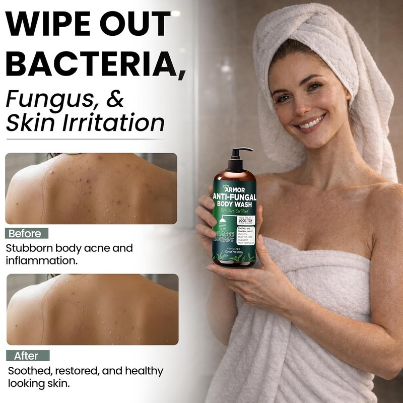 Antifungal Body Wash with Tea Tree Oil - Treat Back Acne, Ringworm & Eczema | Includes Silicone Scrubber (16.9 oz)