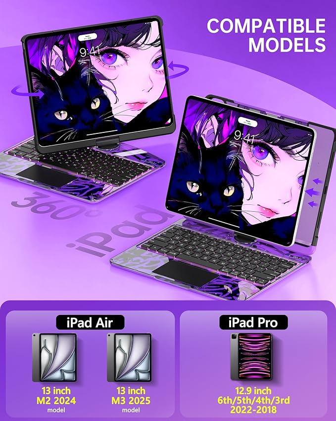 Intermerge Transparent Case with Keyboard for iPad Air 13"(M4/ M3/ M2, 2026/2025/ 2024) & Pro 12.9" (2022-2018) - 360° Swivel Multi-Touch Trackpad, 7-Color Backlit, Pencil Holder, Neon Pulse