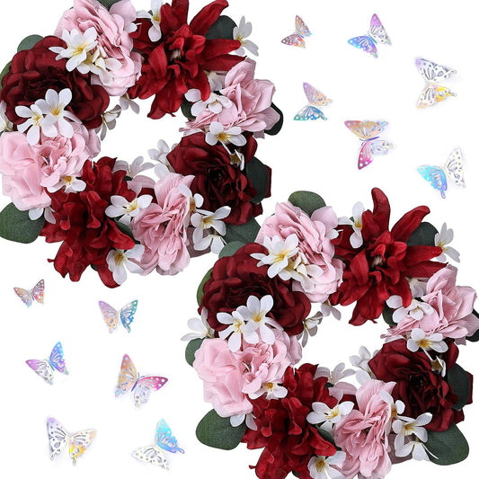 Skiennix Artificial Flower Candle Rings - 6-Inch Rose Floral Wreaths with Butterflies for Wedding Centerpieces | Burgundy & Pink (Set of 2)