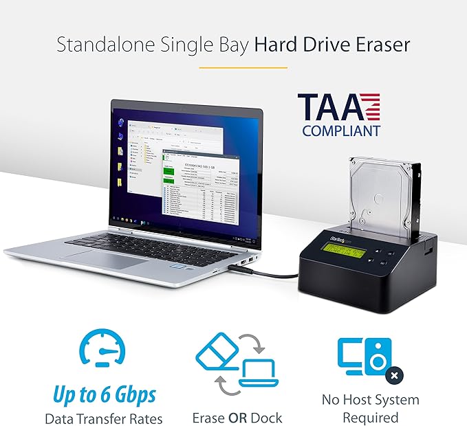 StarTech Single Bay Hard Drive Eraser, Standalone HDD/SSD Disk Sanitizer, NIST 800-88 & DOD 5220.22-M Secure Erase, 4Kn, USB 3.0 to SATA III, 9 Erase Modes, RS232 Printer Port, TAA Compliant