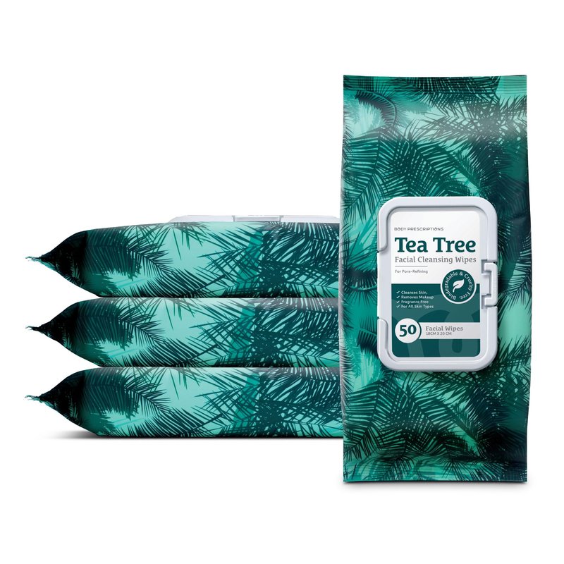 Body Prescription Makeup Cleansing Wipes - Gentle and Effective Face Wipes, 50 Count (Pack of 4), Tea-Tree