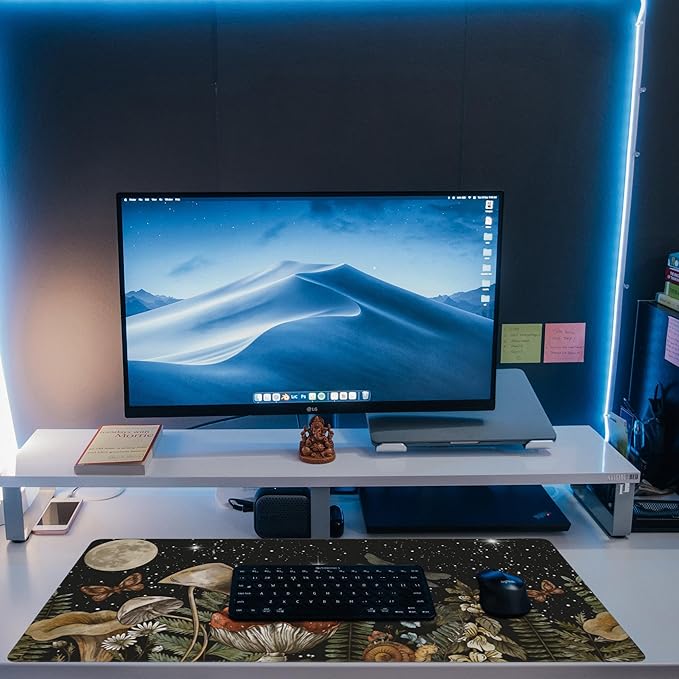 Eflxamz Large Gaming Mouse Pad for Desk,Cute Forest Mushroom Desk Mat,Starry Night Mushroom Desk Pad,Extended Big Computer Keyboard Mouse Pad with Non-Slip Base and Stitched Edge,35.4"x15.7"