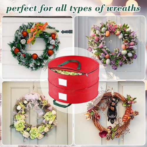 BlessedSeason Wreath Storage Container - Protect 2 Holiday Wreaths with Dual Zipper & Handles | 24” Red