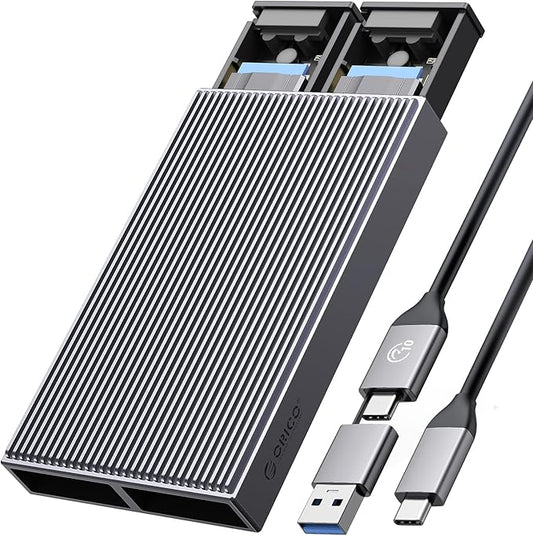 ORICO Dual M.2 NVMe SATA SSD Enclosure, USB C to M2 Adapter for M Key PCIe & B+M Key 2230/2242/2260/2280 SSDs,Tool-Free Installation Aluminum SSDs Reader Support Trim and UASP up to 2x4TB-BM2-2SN