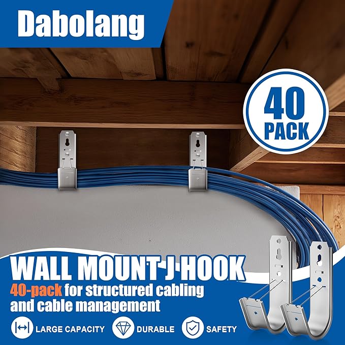 Dabolang 40 Pack J Cable Hook with Retainer Clip, 2-Inch Heavy Duty Wall Mount J-Hooks,J-Hook for Hanging Cable & Wire,Cable Hooks for Structured Cabling and Cable Management