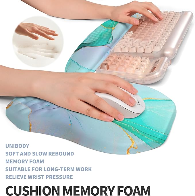 Gleamtide 2-in-1 Ergonomic Set, Wave Keyboard Wrist Rest and Massage Slope Mouse Pad Wrist Support, Rebound Memory Foam for Relieve Carpal Tunnel Syndrome and Wrist Pain (Green Gold Marble)