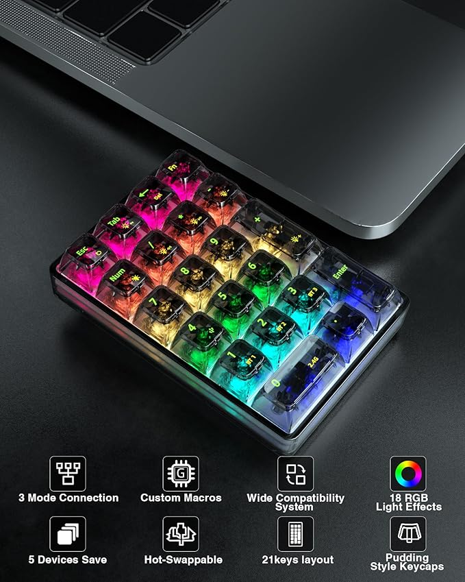 SOLAKAKA K21 RGB Backlit Tri-Mode Transparent Wireless Mechanical Number Pad Supports 3 BT/2.4GHz/Type C Wired, Hot Swappable 21 Keys with Transparent Keycaps Black