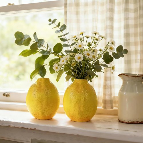 Cynkeyee Unique Lemon-Shaped Vases - Set of 2 Ceramic Decor for Flowers | 3.5 x 3.5 x 4.5 Inch