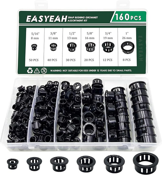 EASYEAH 160 Pcs 6 Sizes Cable Snap-in Knockout Insulating Bushing Grommets Assortment Kit, 5/16, 3/8, 1/2, 5/8, 3/4, 1 Black Nylon Plastic Hole Grommets for Wiring, Wire Cord Hose Tubing Protector