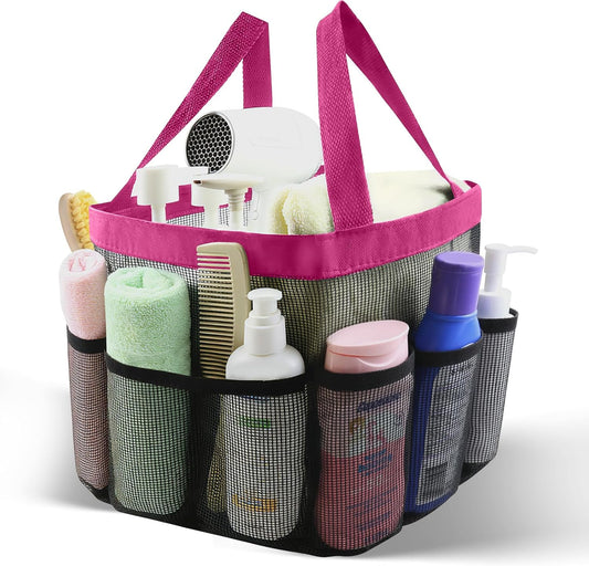 Skiennix Mesh Shower Caddy - Portable Tote Bag with 8 Pockets for Dorm, Gym, Beach & Camping | Rose Red