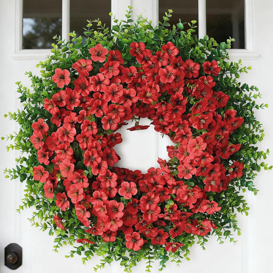 Skiennix 26" Large Artificial Eucalyptus Wreath - Realistic Faux Silk Morning Glory Flowers for Home & Wedding Decor (Red)