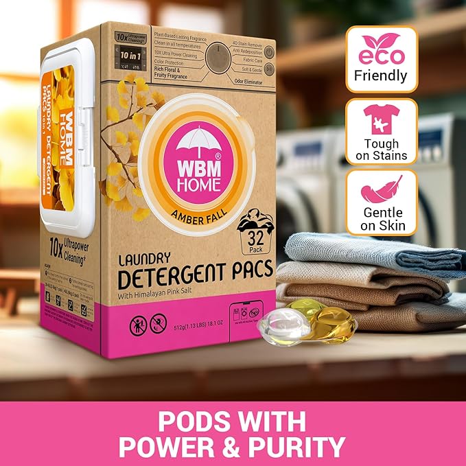 WBM Home Laundry Detergent Pods, Total 128 Count | Amber Fall Fragrance | 10 in 1 Laundry pods Detergent Ultra Power Cleaning with Plant-Based Scent, Extra Protection With 4D Stain Remover