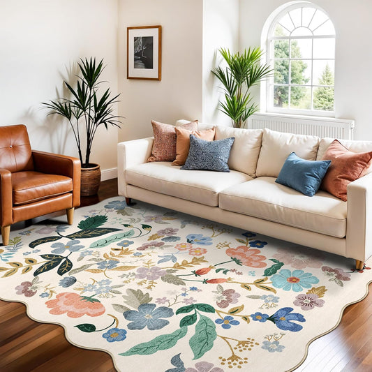 Skiennix 5x7 Living Room Area Rug - Washable Floral Non-Slip Carpet for Bedroom & Dining Room | Ultra Soft Cream Mat