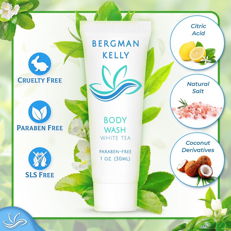 BERGMAN KELLY Travel Size Body Wash (1 fl oz, 100 PK, White Tea), Delight Your Guests with a Revitalizing and Refreshing Hotel Body Wash, Quality Mini and Small Size Guest Hotel Toiletries in Bulk