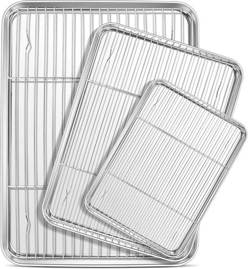 E-far Baking Sheet Set - Stainless Steel Cookie Sheets with Cooling Racks | 16/12.5/9.3 Inch, Non-Toxic & Easy Clean