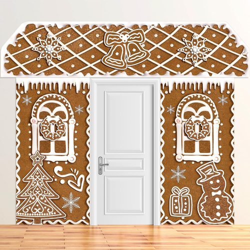 HunnmingRe Christmas Gingerbread House Decorations - 3 Pcs Door Covers & Backdrop | Snowflakes Style