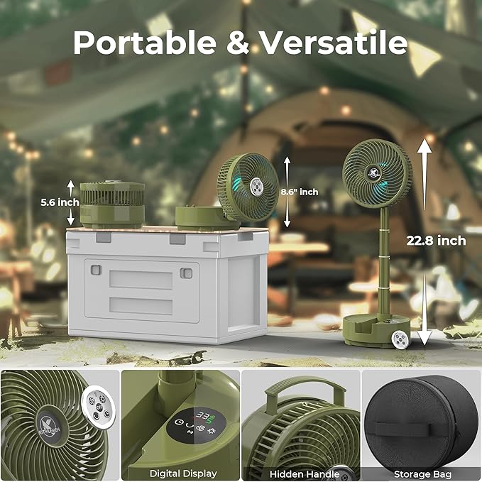 Portable Travel Fan, Foldable Standing Fan for Bedroom, 112H Run & 9 Speeds, Rechargeable Fan With Timer & Remote, Collapsible Oscillating Fan for Travel Cruise Essential Home RV Outdoor Power Outage