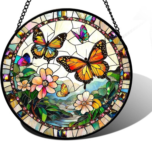 DASTOLL Stained Glass Window Hanging - Butterfly Suncatcher for Home Decor | 9.8-Inch Gift for Mom