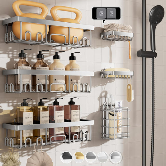 Veken Shower Caddy - Large Wall Mounted Organizer with Soap Dish & Toothbrush Holder | Silver 6-Pack