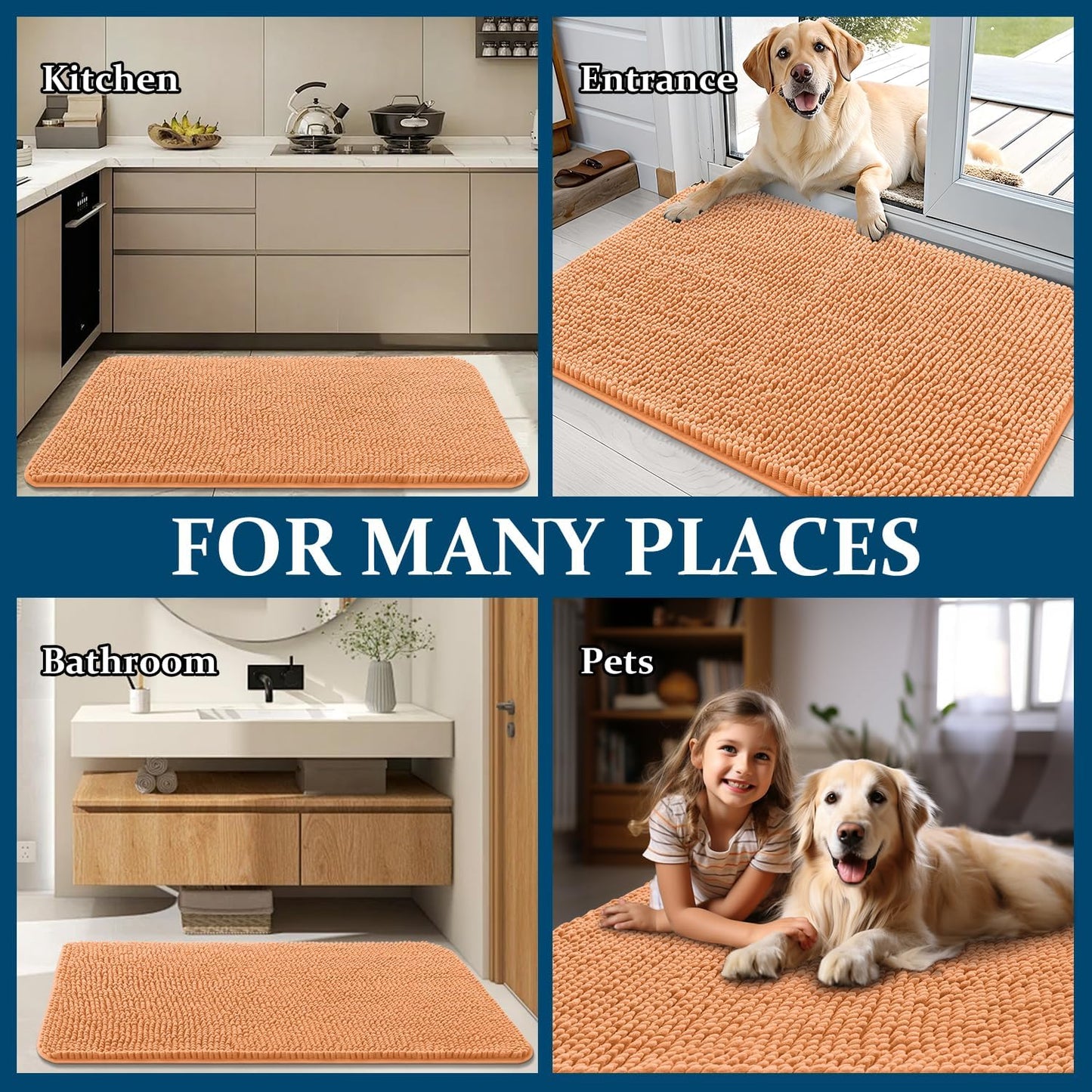 OLANLY Dog Door Mat - Absorbent Non-Slip Chenille Mat for Muddy Paws | 45x27 Inches, Quick Dry, Orange