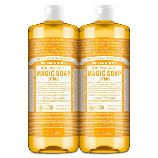 Dr. Bronner's Magic Soap-Pure-Castile Liquid Soap (Citrus, 32oz, 2-Pack)-Regenerative Organic Certified Oils, 18-in-1 Uses: Body, Hair, Laundry, Pets & Dishes, Concentrated, Vegan, Non-GMO