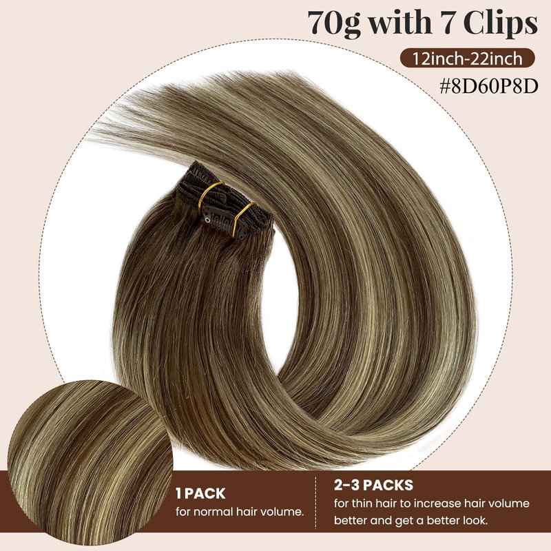 Clip in Hair Extensions, 18 inch Clip in Hair Extensions Real Human Hair, 7PCS Ombre Highlight Ash Blonde Clip in Hair Extensions, 70g Seamless Clip ins Human Hair