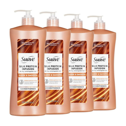 Suave Silk Protein Infusion Sleek & Smooth Conditioner for Dry, Unmanageable Hair, Anti Humidity & 48HR Frizz Control, Enhances Shine & Detangles, 28 FL OZ Pump, 4 Count