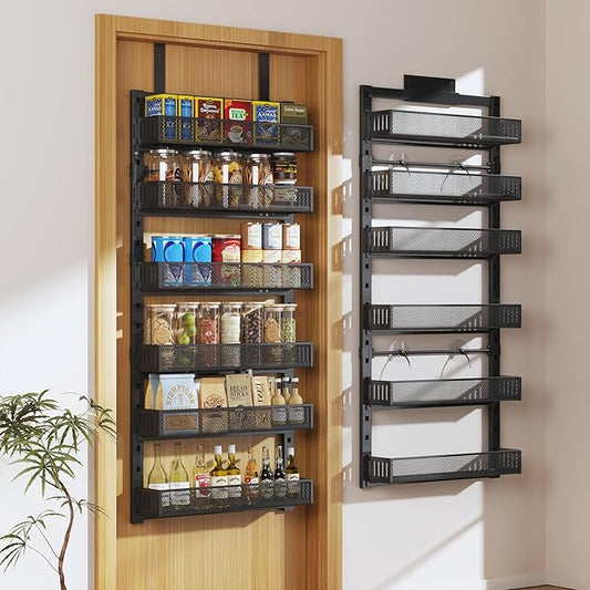 Pantry Door Organizers and Storage,6-Tier Large Wide Metal Heavy-Duty Frame Over the Door Spice Rack, 2 in 1 Wall-Mounted or Hanging shelf for Kitchen, Bathroom, Laundry Room, Bedroom, Closet &Nursery
