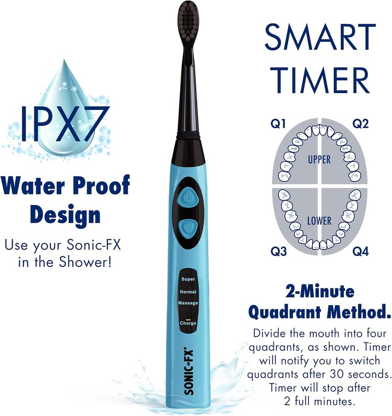 Sonic-FX Solo Electric Toothbrush - 10 Brush Heads, Charcoal Bristles, Rechargeable | Smart Timer, 3 Modes, Blue