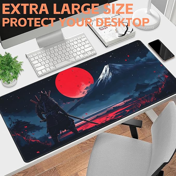 NIYLYNSYN Mouse Pad Large Samurai and Red Moon Non-Slip Game Desk Mat with Stitched Edge Laptop Keyboard Desk Pad for Work Home Gaming (35.4 x 15.7 Inches)