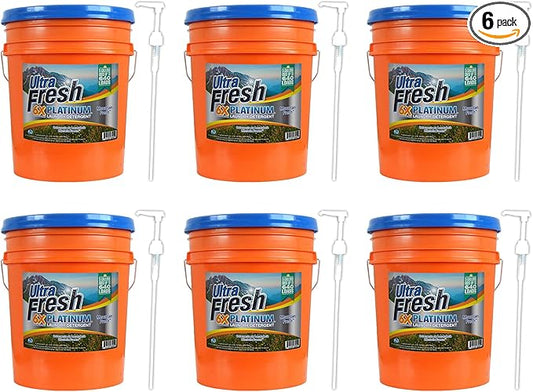 Ultra Fresh 6X Platinum 5 Gallon Laundry Detergent Liquid for All Machine Types with Easy Dispensing Pump, Up to 640 Loads, Original Blue (6 Pack)