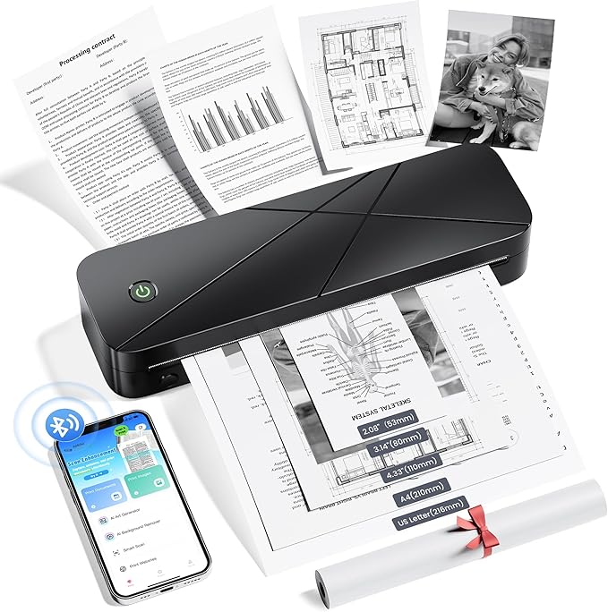 TATTMUSE Portable Printers Wireless for Travel, Inkless Printer for Phone & Laptop, Thermal Bluetooth Small Compact Mobile Printer for Home Use, Support 8.5" X 11" US Letter & A4 Size