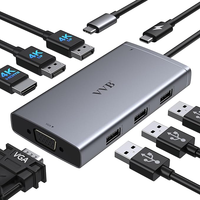 USB C Docking Station Dual Displayport Monitor Adapter for Dell/HP/Lenovo Laptop, Laptop Docking Station 3 Monitors with HDMI 4K+2 DP+VGA USB-C Hub Quadruple Display, Thunderbolt Dock to 100W PD+3USB