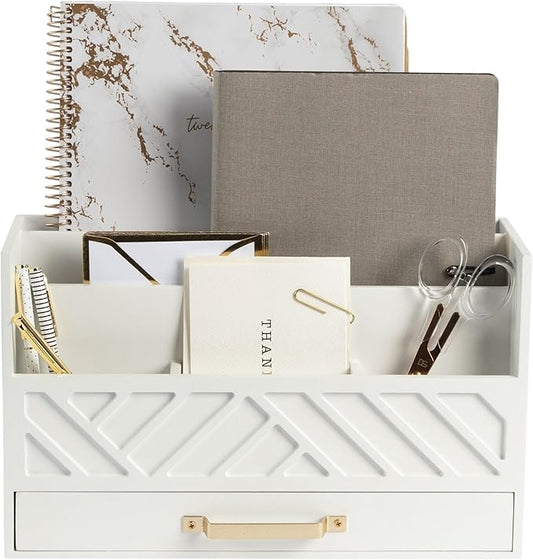 BLU MONACO | White Wooden Mail Organizer with Drawer & Gold Handle | Mail Sorter Organizer Countertop | Tabletop Organizer with Drawers & Outgoing Mail Holder