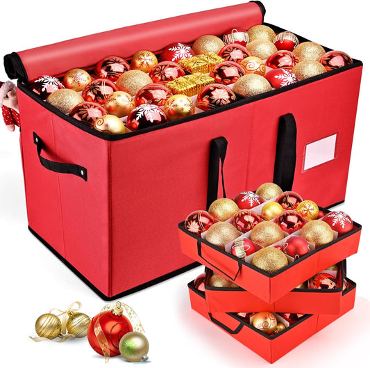 Mrrihand Ornament Storage Box - Dual Zipper Holiday Decoration Organizer for 128 3-Inch Ornaments (Red)