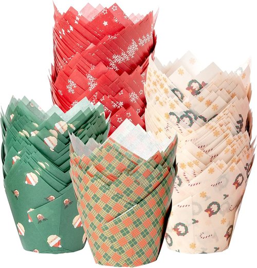 Katbite Christmas Tulip Cupcake Liners - 200PCS Muffin Baking Cups for Festive Treats
