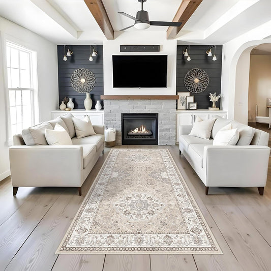 Regine Switzerland Washable 4x8 Hallway Runner Rug - Vintage Soft Non-Slip Carpet for Entryway & Kitchen (Beige)
