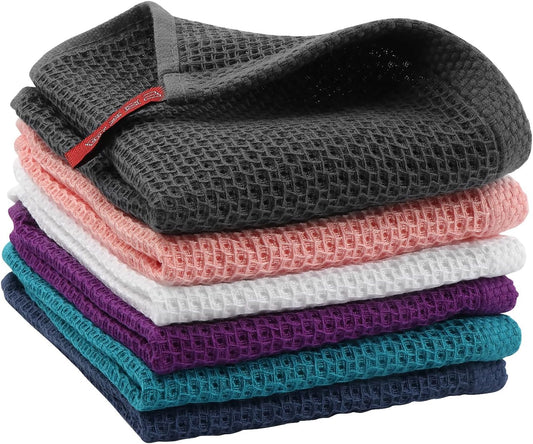 Skiennix 100% Cotton Waffle Weave Dish Cloths - Ultra Soft & Absorbent, 12x12 Inch, Dark Grey, 6-Pack