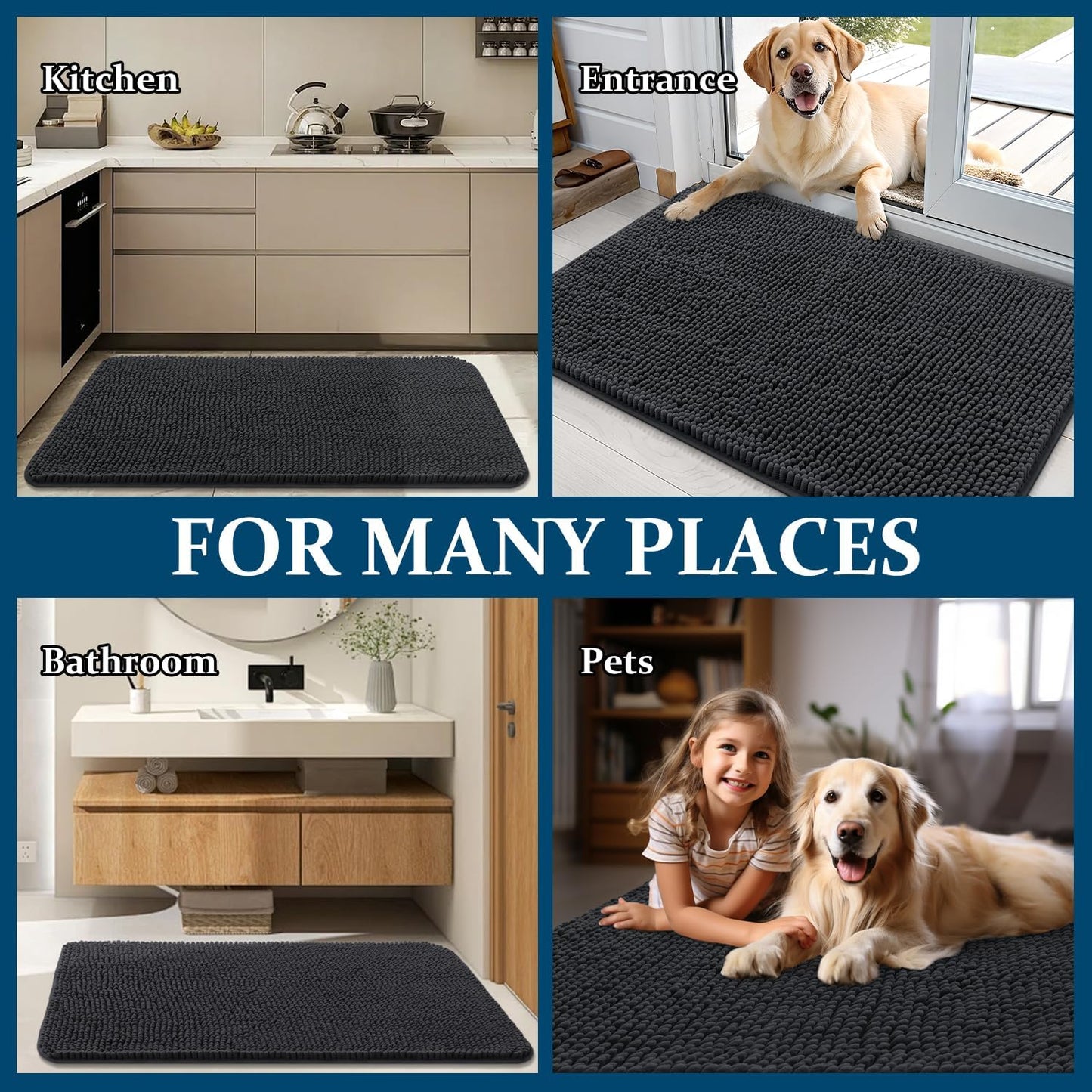 OLANLY Dog Door Mat - Absorbent Non-Slip Chenille for Muddy Paws | 24x16 Dark Grey Indoor Entryway Carpet